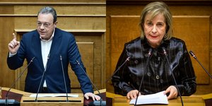 Ο Σωκράτης Φάμελλος, πρόεδρος του ΣΥΡΙΖΑ - ΠΣ και η ανεξάρτητη βουλευτής Αρετή Παπαϊωάννου