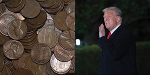 Ο Αμερικανός πρόεδρος Ντόναλντ Τραμπ και νομίσματα του ενός σεντ