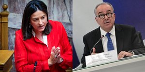 Η υπουργός Εργασίας Νίκη Κεραμέως και ο αναπ. υπουργός Οικονομικών, Νίκος Παπαθανάσης