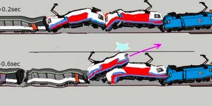 Κίνηση της μηχανής της επιβατικής αμαξοστοιχίας 120-023 πάνω και μέσα από την οροφή της της μηχανής της εμπορευματικής αμαξοστοιχίας 120-022.