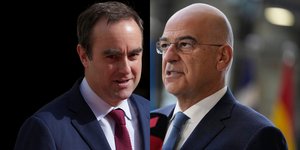 Ο Γάλλος υπ. Άμυνας Σεμπαστιάν Λεκορνού και ο Νίκος Δένδιας 