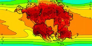 Η εικόνα δείχνει την θερμότερη μέση θερμοκρασία μήνα (βαθμοί Κελσίου) για τη Γη και την προβλεπόμενη υπερήπειρο (Pangea Ultima) τα τελευταία 250 εκατομμύρια χρόνια, όταν θα ήταν δύσκολο για σχεδόν οποιοδήποτε θηλαστικό να επιβιώσει. Πανεπιστήμιο του Μπρίστολ