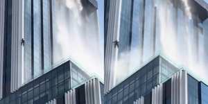 Καθαριστής τζαμιών παλεύει να κρατηθεί κρεμασμένος την ώρα του μεγάλου σεισμού