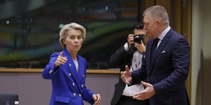 Η πρόεδρος της Κομισιόν Ούρσουλα Φον ντερ Λάιεν και ο πρωθυπουργός της Σλοβακίας Ρόμπερτ Φίτσο