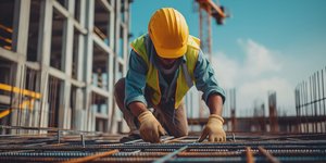 Εργάτης σε οικοδομή, με όλα τα μέτρα ασφάλειας