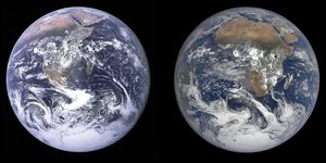 Ο «Γαλάζιος Βώλος» το 1972 (αριστερά) και ο πλανήτης μας όπως είναι σήμερα / NASA 