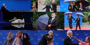 Το επικοινωνιακό σόου του Ράμα στα Τίρανα: Με σνίκερς, κοστούμι και ομπρέλα γονάτισε στη Μελόνι, αποθέωσε Μακρόν