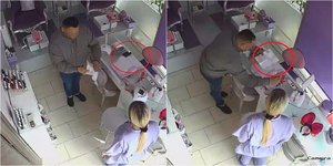Στην αριστερή εικόνα ένα κινητό υπάρχει πάνω στο γραφείο του καταστήματος. Στη δεξιά το μέλος της σπείρας έχει τοποθετήσει ένα χαρτί πάνω στο γραφείο και καταφέρνει να το αρπάξει δίχως να γίνει αντιληπτός