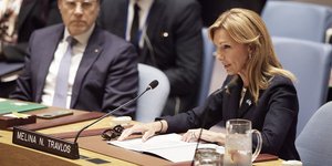 Η πρόεδρος των Ελλήνων εφοπλιστών, Μελίνα Τραυλού, κατά την εκδήλωση του ΟΗΕ για την ασφάλεια στη θάλασσα