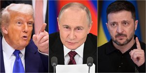 Από τα αριστερά προς τα δεξιά, Ντόναλντ Τραμπ, Βλάντιμιρ Πούτιν και Βολοντίμιρ Ζελένσκι 
