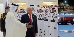 Υποδοχή... χαλίφη για τον Τραμπ στο Κατάρ: Σόου με κόκκινα Cybertruck, καμήλες και μαχητικά F-15