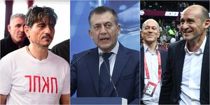 Από τα αριστερά προς τα δεξιά, ο ιδιοκτήτης της ΚΑΕ Παναθηναϊκός AKTOR Δημήτρης Γιαννακόπουλος, ο αναπληρωτής υπουργός Αθλητισμού, Γιάννης Βρούτσης και τα αδέλφια Γιώργος και Παναγιώτης Αγγελόπουλος