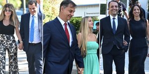 Ο Θάνος Πλεύρης με την σύζυγό του, ο Χάρης Θεοχάρης με την κόρη του και ο Χρήστος Δερμεντζόπουλος με την σύζυγό του προσερχόμενοι στο Προεδρικό για την ορκωμοσία