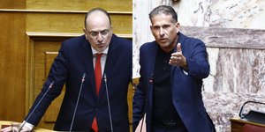 Ο κοινοβουλευτικός εκπρόσωπος της ΝΔ Μακάριος Λαζαρίδης και ο βουλευτής της Πλεύσης Ελευθερίας Διαμαναντής Καραναστάσης