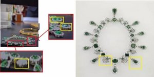 Σύγκριση των κοσμημάτων που εμφανίζονται στο αμφιλεγόμενο βίντεο (αριστερά) με το αυθεντικό κολιέ της αυτοκράτειρας Μαρίας-Λουίζ που κλάπηκε από το Λούβρο