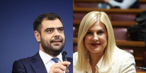 Ο κυβερνητικός εκπρόσωπος Παύλος Μαρινάκης και η βουλευτής του ΠΑΣΟΚ Ράνια Θρασκιά