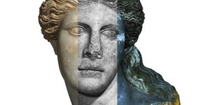 Κεφάλι ανατολικής Σφίγγας φωτογραφημένο με διαφορετικές τεχνικές α) στο ορατό φάσμα, β) στο υπεριώδες φάσμα, γ) φθορισμός υπό υπεριώδη ακτινοβολία, καταγραφόμενος στο ορατό Φωτό Χ.Σιμάτος