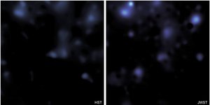 φωτογραφία με την κατανομή της σκοτεινής ύλης στην περιοχή COSMOS, όπως παρατηρήθηκε από τα διαστημικά τηλεσκόπια Hubble (αριστερά) και James Webb (δεξιά).