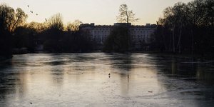  Πουλί περπατά στην παγωμένη επιφάνεια της λίμνης του St James's Park, με φόντο το Παλάτι του Μπάκιγχαμ, στο Λονδίνο