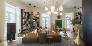 σαλόνι καναπές βιβλιοθήκη φωτιστικά 