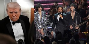 Από αριστερά ο Ντόναλντ Τραμπ και ο Τρέβορ Νόα, ο οποίος παρουσίασε τα Grammy του 2026