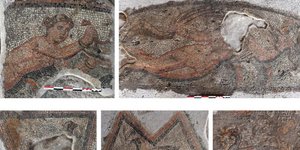 Λεπτομέρειες από γυναικείες μορφές και πτηνά σε διάχωρα ψηφιδωτά δαπέδου της αίθουσας 