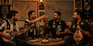 Μια παρέα φίλων του ΟΦΗ και του ΠΑΟΚ πίνουν και τραγουδούν