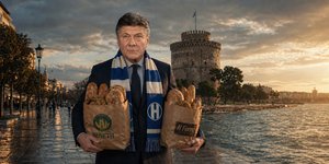 O Βάλτερ Ματσάρι με φόντο το Λευκό Πύργο και αρτοσκευάσματα στα χέρια
