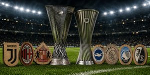 Τα τρόπαια Europa League και Conference League με σήματα ομάδων που θα συμμετέχουν στις δύο διοργανώσεις τη σεζόν 2026-27