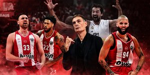 Μιλουτίνοφ, Ντόρσεϊ, Μπαρτζώκας και Φουρνιέ σε στιγμιότυπα από τον ημιτελικό με τη Φενερμπαχτσέ και φόντο τους πανηγυρισμούς του Γιουλ στον τελικό του 2023