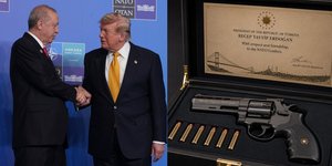 Ο Ρετζέπ Ταγίπ Ερντογάν, ο Ντόναλντ Τραμπ και τα πιστόλια που χάρισε ο Τούρκος πρόεδρος στους ηγέτες του ΝΑΤΟ 