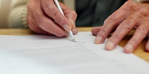 Sign, retirement and will for old man, home and agreement of inheritance and planning