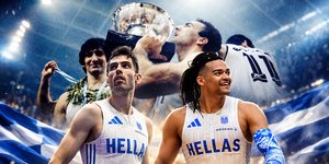Τεντόγλου και Καραλής με φόντο τη στιγμή της απονομής του Ευρωμπάσκετ 1987 σε Γκάλη και Γιαννάκη