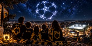 Φίλαθλοι της ΑΕΚ ατενίζουν τα αστέρια του Champions League με φόντο το γήπεδο στη Νέα Φιλαδέλφεια