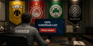 Στέλεχος ομάδας ετοιμάζεται να καταθέσει την ευρωπαϊκή λίστα της ομάδας του στην UEFA, με φόντο τα λάβαρα ΑΕΚ, Ολυμπιακού, Παναθηναϊκού και ΟΦΗ