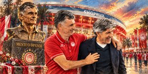 O Χοσέ Λουίς Μεντιλίμπαρ υποδέχεται τον Ιμανόλ Αλγκουαθίλ στο νέο Καραϊσκάκη δίπλα στην προτομή του
