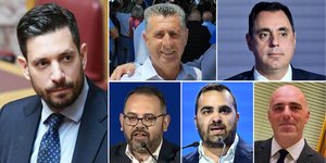 Κωνσταντίνος Κυρανάκης, (επάνω αριστερά): Θανάσης Νέζης, Γιάννης Σμυρλής, (κάτω αριστερά): Χάρης Χατζηχαραλάμπους, Ορφέας Γεωργίου, Γιώργος Ευθυμίου