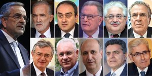 Αντώνης Σαμαρας, (Επάνω αριστερά): Μ. Σαλμάς, Θ. Σκορδάς, Π. Παναγιωτόπουλος, Κ. Τζαβάρας, Α. Ντινόπουλος (Κάτω αριστερά): Α. Γεροντόπουλος, Κ. Μαρκόπουλος, Ζ. Τζηγκαλάγιας, Μ. Αγγελάκας, Α. Τσιγκρής