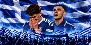 Ο Χρήστος Τζόλης και Ο Μανώλης Σάλιακας με φόντο τη σημαία της Εθνικής Ελλάδος