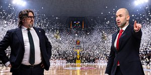 Ο Βασίλης Σπανούλης (δεξιά) και ο Αντρέα Τρινκιέρι (αριστερά) με φόντο το Nick Galis Hall 