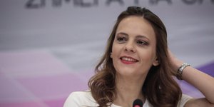 Η Εφη Αχτσιόγλου στη συνέντευξη τύπου για τις δράσεις του υπουργείου Εργασίας για την ανεργία/Φωτογραφία: Eurokinissi-Γιάννης Παναγόπουλος