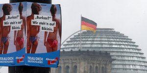 Προεκλογική αφίσα του AfD γράφει: «Μπούρκα; Εμείς προτιμάμε τα μπικίνι»/ Φωτογραφία:  (AP Photo/Michael Probst)