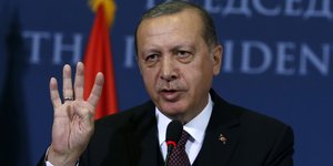 Ο Εντογάν κατά τη διάρκεια της συνέντευξης Τύπου στο Βελιγράδι / Φωτογραφία: (AP Photo/Darko Vojinovic)