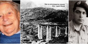 Ο Θέμης Μαρίνος σε προχωρημένη ηλικία (αριστερά) και την περίοδο του πολέμου (δεξιά) -Η γέφυρα του Γοργοπόταμου μετά το σαμποτάζ (μέση)