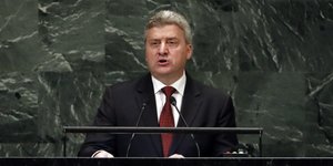 Ο πρόεδρος της ΠΓΔΜ Γκ. Ιβάνοφ στο βήμα του ΟΗΕ -Φωτογραφία: AP Photo/Richard Drew