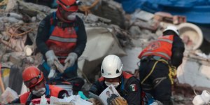 Διασώστες κοιτούν φωτογραφικό άλμπουμ που εντόπισαν σε κτίριο που κετέρρευσε. AP Photo/Eduardo Verdugo
