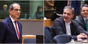 Ο ιταλός ΥΠΟΙΚ Τζιοβάνι Τρία (αριστερά) και ο Ευκλείδης Τσακαλώτος (δεξιά) στο Eurorgoup -Φωτογραφία: EUROKINISSI/ΕΥΡΩΠΑΪΚΗ ΕΝΩΣΗ