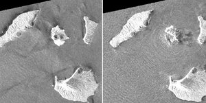 Στις φωτογραφίες διακρίνεται το Ανάκ Κρακατόα όπως ήταν στις 20/08 και στις 24/12 (Φωτογραφίες: Geospatial Information Authority of Japan via AP)