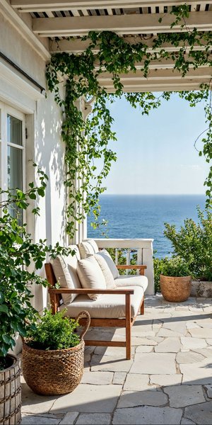 βεράντα κήπος θέα θάλασσα λευκός καναπές αναρριχητικά φυτά