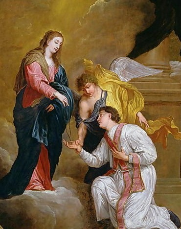 Ο Άγιος Βαλεντίνος λαμβάνει ένα ροζάριο από την Παναγία στον πίνακα του Φλαμανδού ζωγράφου Ντέιβιντ Τένιερς του 3ου (1638 – 1685).